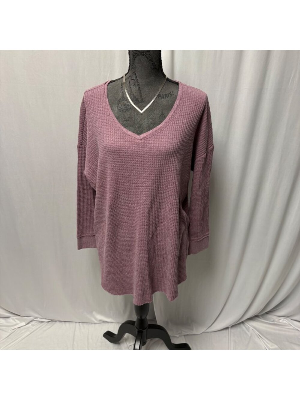 Terra & Sky Waffle Knit Top Womens 1X Purple Long Sleeve V-Neck Shirt